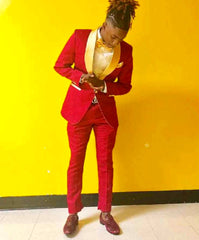 Newest Groomsmen  Red Pattern Groom Tuxedos Shawl Gold Lapel Men Suits 2 Pieces Wedding Bridegroom ( Jacket+Pants+Tie ) D118 voguable