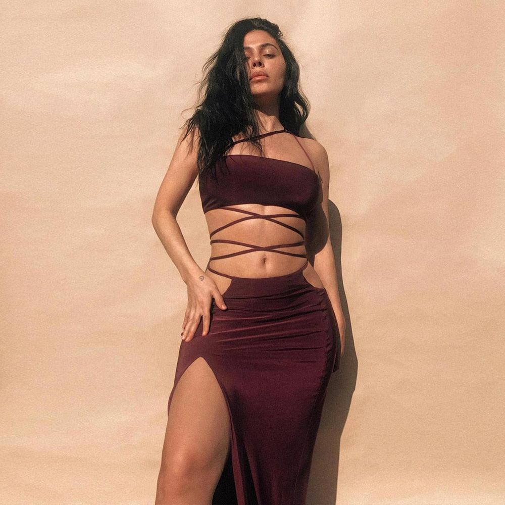 Strapless Crop Top and Long Dress Two Piece Set Yellow Women Summer Outfits Slit Party Club Vacation Beach Maxi Dress voguable