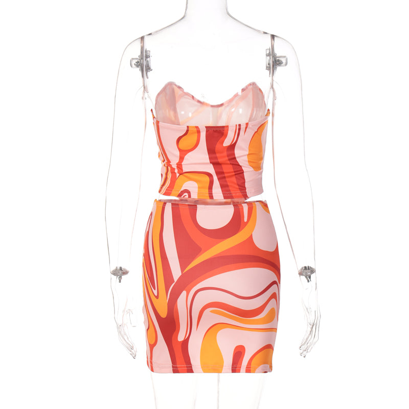 Voguable  Print Off Shoulder Sleeveless Colorful Crop Top Mini Dress 2 Pieces Suit 2022 Spring Sexy Bodycon Caual Party Outfits voguable