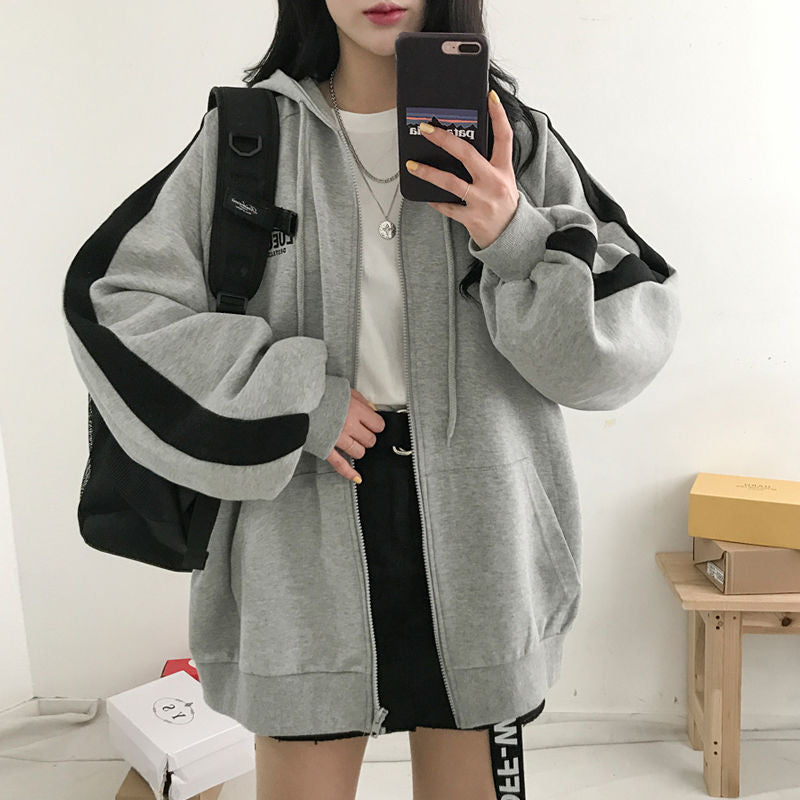 VOGUABLE  Women Hoodies Harajuku Korean Version Zip Up Loose Oversized Sweatshirts Casual Solid Color Long Sleeve Hooded Sweatshirt Coats voguable