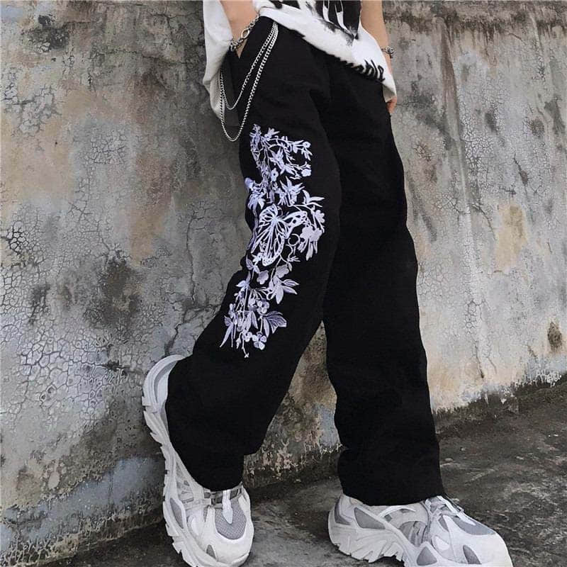 Voguable Casual gothic punk pants men clothes bottom Korean wild loose wide-leg elastic waist dark letter print sports trousers streetwea voguable