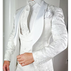 Voguable White Floral Wedding Tuxedo for Groom 3 Pieces Slim Fit Men Suits with Satin Shawl Lapel Custom Male Fashion Costume Jacket Vest voguable