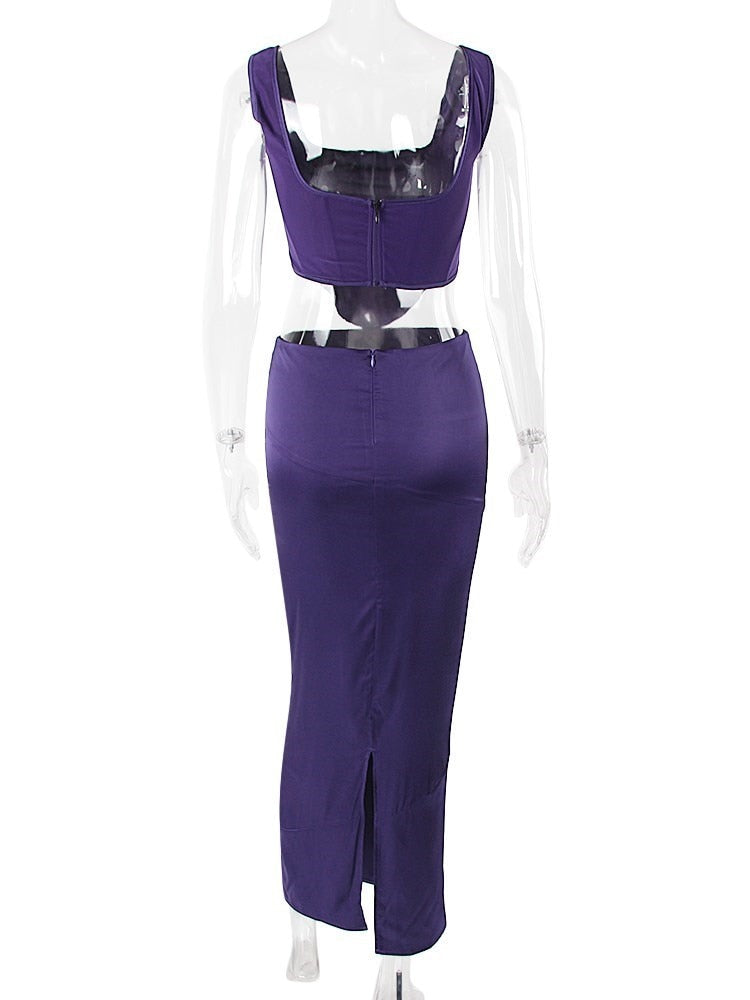 Purple Corset Satin Square Neck Crop Top And Draped Midi Dress Sets Slim Long Skirt Suits Two Piece Sets Womens Outfits voguable