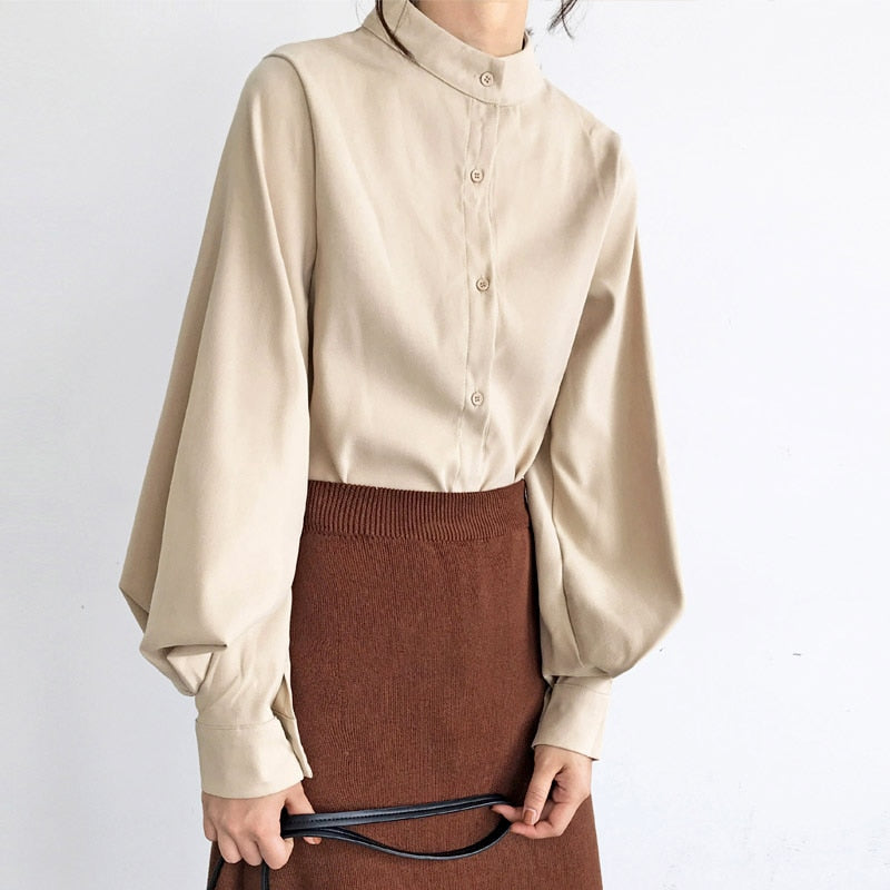 Voguable  Big Lantern Sleeve Blouse Women Autumn Winter Single Breasted Stand Collar Shirts Office Work Blouse Solid Vintage Blouse Shirts voguable
