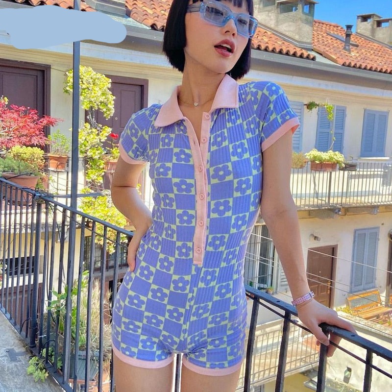 Voguable  2022 Long Sleeves Regular Print Polo-Neck Single Breasted Playsuit Summer Women Fashion Preppy Style spring Outfits Y2K voguable