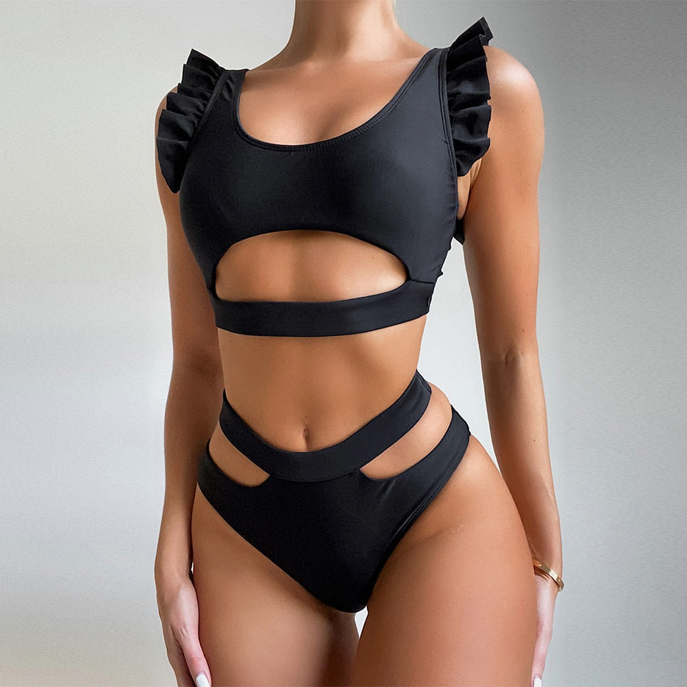 Voguable Sexy High Waist Bikini Women Swimsuit 2022 New Arrival Swimwear Hollow Out Print Striped Bathing Suit Beachwear Biquini Female voguable