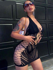 Voguable spring outfits 2022   Solid Halter Sleeveless Backless Mesh Hollow Out Mini Dress 2021 Summer Fall Bodycon Sexy Party Club Elegant Y2K voguable