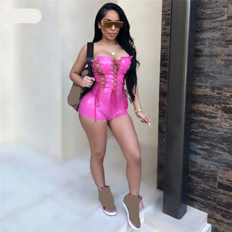 Voguable Sexy PU Leather Lace Up Strapless Bodycon Playsuits Women Summer Streetwear Night Party Club Tube Jumpsuit Pink Black Romper voguable