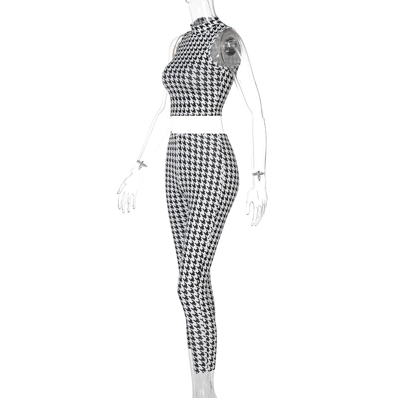 Voguable   2022 Sleeveless Houndstooth Plaid Sexy Crop Top Leggings 2 Pieces Set Summer Women Fashion Streetwear Outfits Tracksuit voguable