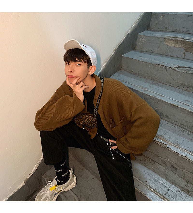Voguable Oversize Cardigan Men Thick Ins Autumn and Winter Retro Loose Casual Button Solid Color Couple Knit Mens Cardigan Sweater Coat voguable