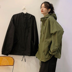 Oversized Women's Hooded Shirt Unisex Tactical Korean Loose Techwear Windbreaker Jacket Trend Mid-length High Street Punk Tops voguable