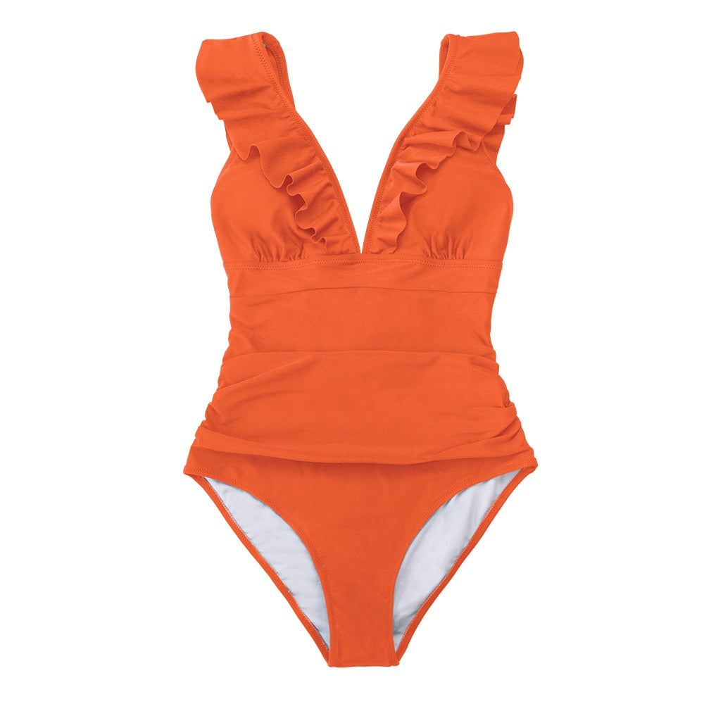 Voguable  Solid Black Ruffled One-piece Swimsuit Women Sexy Lace Up Monokini Swimwear 2022 New Girl Beach Bathing Suits voguable
