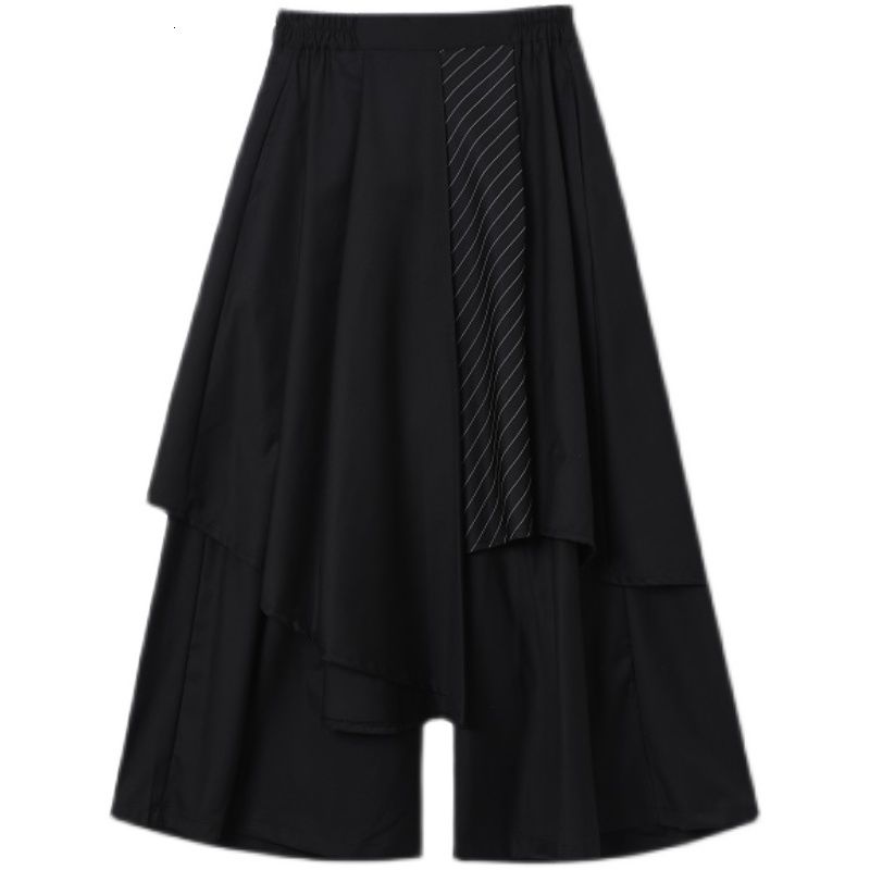 Japan Sstreetwear Fashion Men's Black Trousers New Stripe Contrast Color Patchwork Irregular Loose Ankle Length Pants voguable
