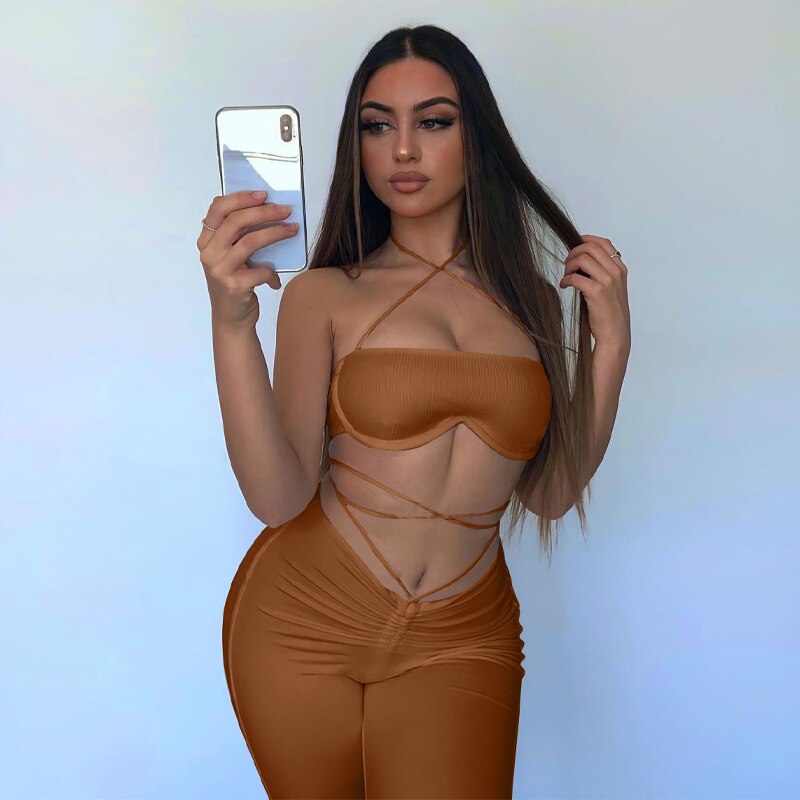 Voguable Solid Women Halter Sleeveless Bandage Ruched Crop Bra High Waist Leggings 2 Piece Set 2021 Autumn Y2K Streetwear Outfit voguable