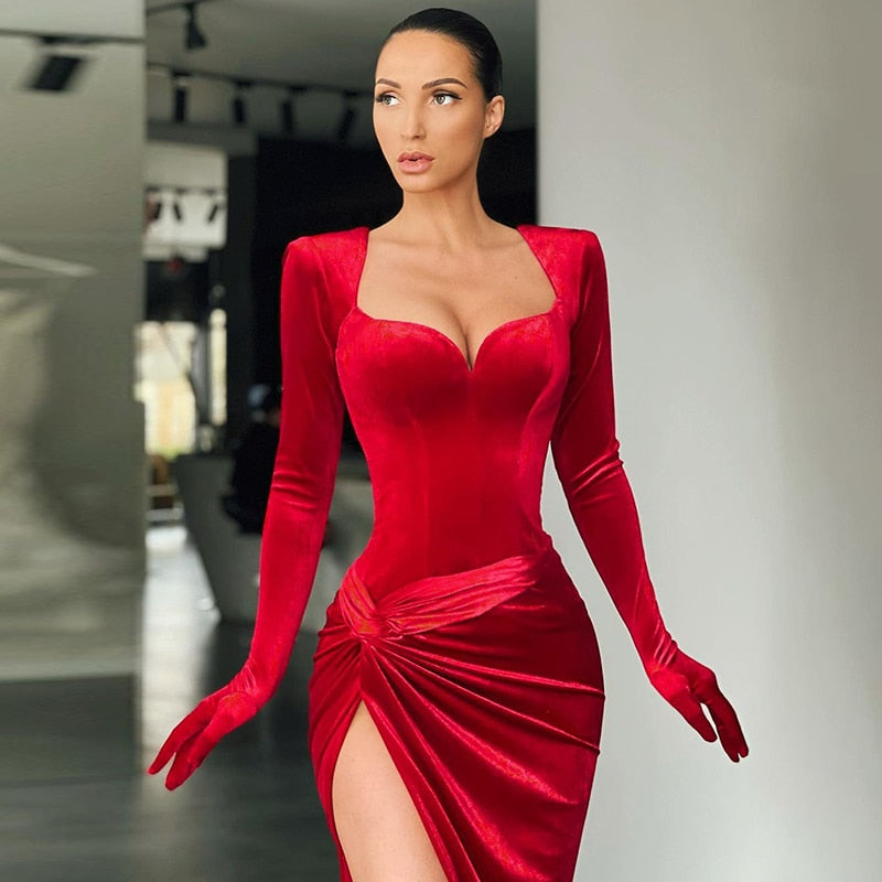 Voguabl Long Sleeve With Gloves Slash Neck Satin Sexy Maxi Dress 2021 Autumn Winter Women Solid Party Elegant Streetwear Outfit voguable