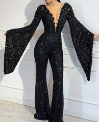 New Women Jumpsuit Sequin Elegant Casual Women's V-neck Bat-sleeved Top Black Solid Straight Fashion Long Jumpsuits voguable