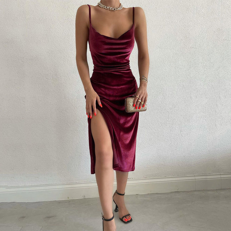 Voguable  Velvet Swing Collar Sleeveless Slip Sexy Slit Maxi Dress 2022 New Fashion Evening Party Women Elegant Streetwear Y2K voguable
