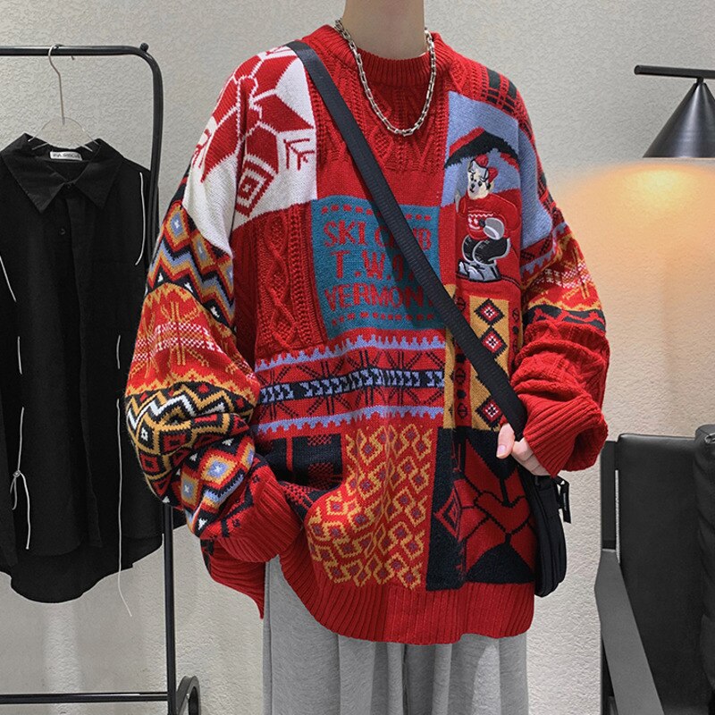Voguable 2021 Geometry Sweater Jumper Men Korean Loose Knitted Sweater Clothing Oversize Top Couple Casual Knitting Pullovers Men voguable