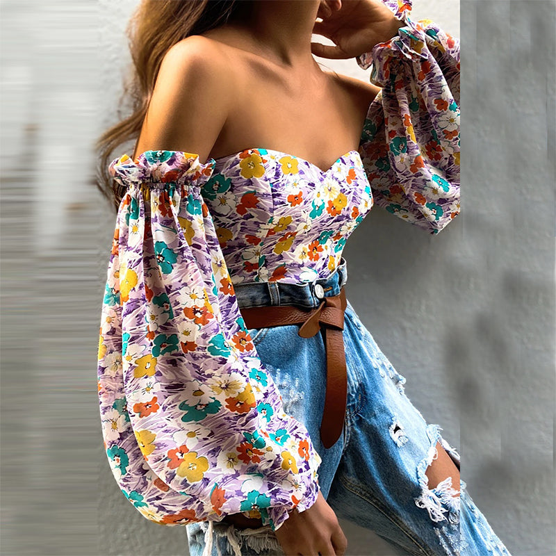 Voguable  Elegant Floral Print Strapless Chiffon Shirt Fashion Women Off Shoulder Halter Sexy Blouse Shirt 2022 Summer Backeless Tops 3XL voguable