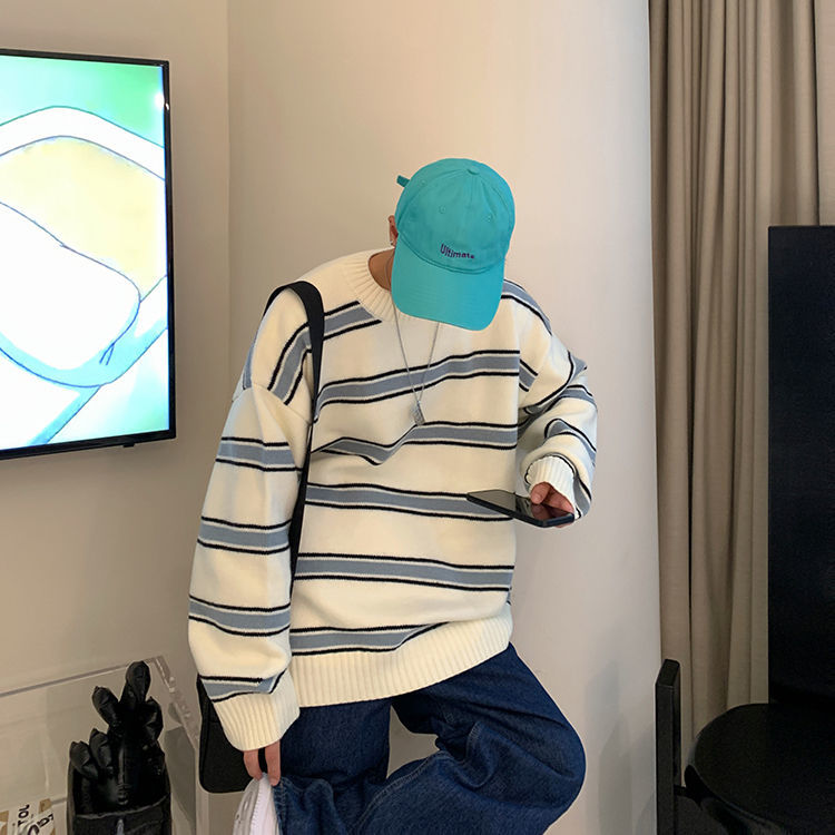 Voguable Striped Sweater Men Round Neck Winter Pullover Sweater Korean Fashion Harajuku Loose Wild Long Sleeve Sweater Oversize voguable