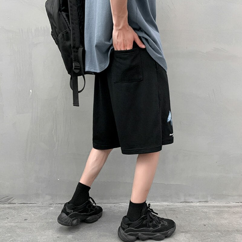 Men Casual Shorts Loose Print Cotton Knee Length Trousers Male Breathable Hip Hop Fashion Harajuku Elastic Waist Students Chic voguable