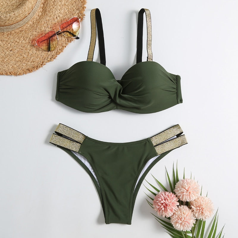 Voguable Vintage Retro Bikini Patchwork Swimsuit Thong Brazilian Sexy Swimwear Female 2021 New Summer Micro V-bar Green Bathing Suits voguable