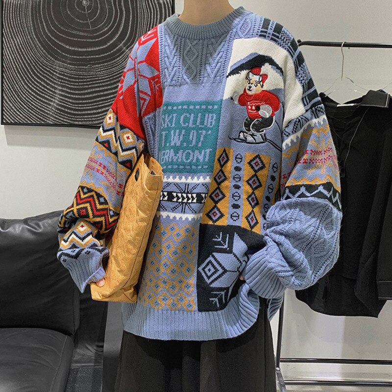 Voguable 2021 Geometry Sweater Jumper Men Korean Loose Knitted Sweater Clothing Oversize Top Couple Casual Knitting Pullovers Men voguable