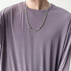 Black/Gray/Purple Pleated Sets Men Fashion Stretch Loose Long-sleeved T-shirt Trousers Two-piece Korean Loose Mens Ice Silk Sets voguable