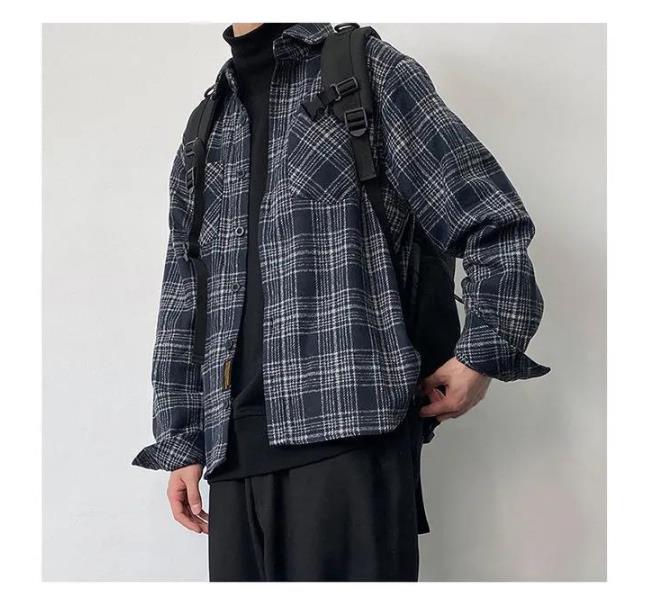 Voguable Japanese Fashion Retro Woolen Tooling Plaid Shirt for Men Cotton Turn-down Collar Buttons Long Sleeve Loose Casual Harajuku voguable