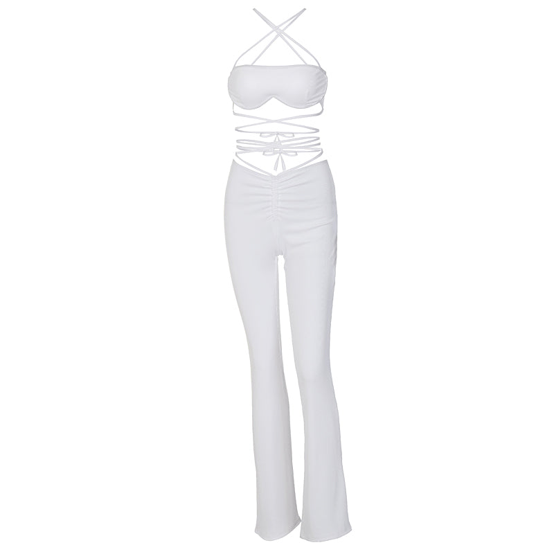 Voguable Solid Women Halter Sleeveless Bandage Ruched Crop Bra High Waist Leggings 2 Piece Set 2021 Autumn Y2K Streetwear Outfit voguable
