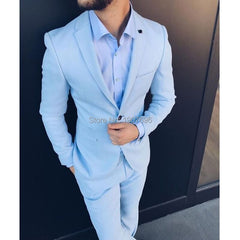 Voguable Slim Fit Men Suits for Wedding Prom Tuxedos 2019 Light Sky Blue 2 Piece Jacket Pants Male Suit Set Man Stage Clothes voguable