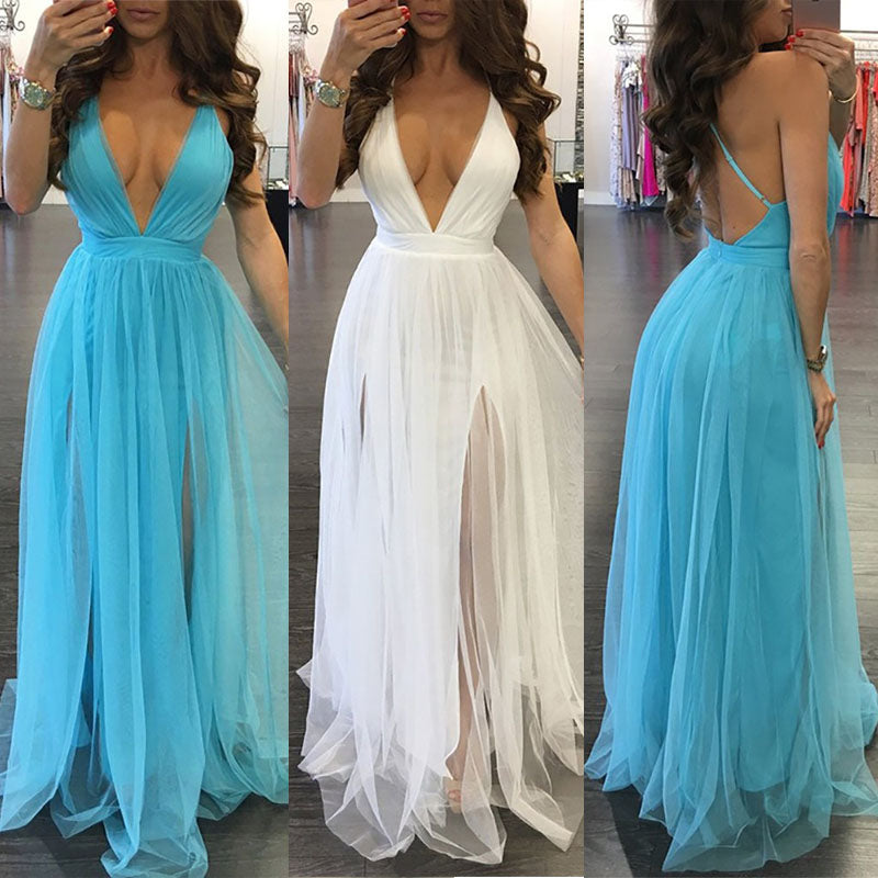 Voguable  New Sexy Hot Sale deep V-neck Women Summer Long sexy Evening Party tulle Dress Beach Dresses Sundress Long Dress Beach Dress voguable