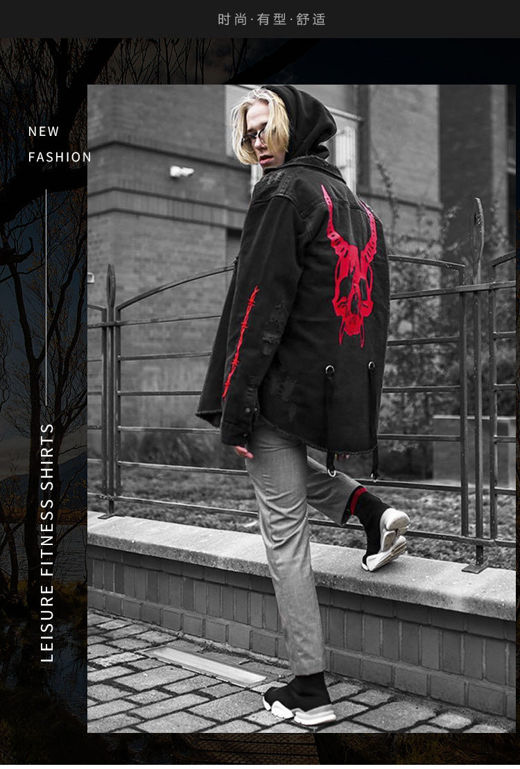 Voguable Harajuku Gothic Demon Hunter Skull denim jacket men Rock punk heavy metal Sweatshirt sudadera suspenders hole streetwear voguable
