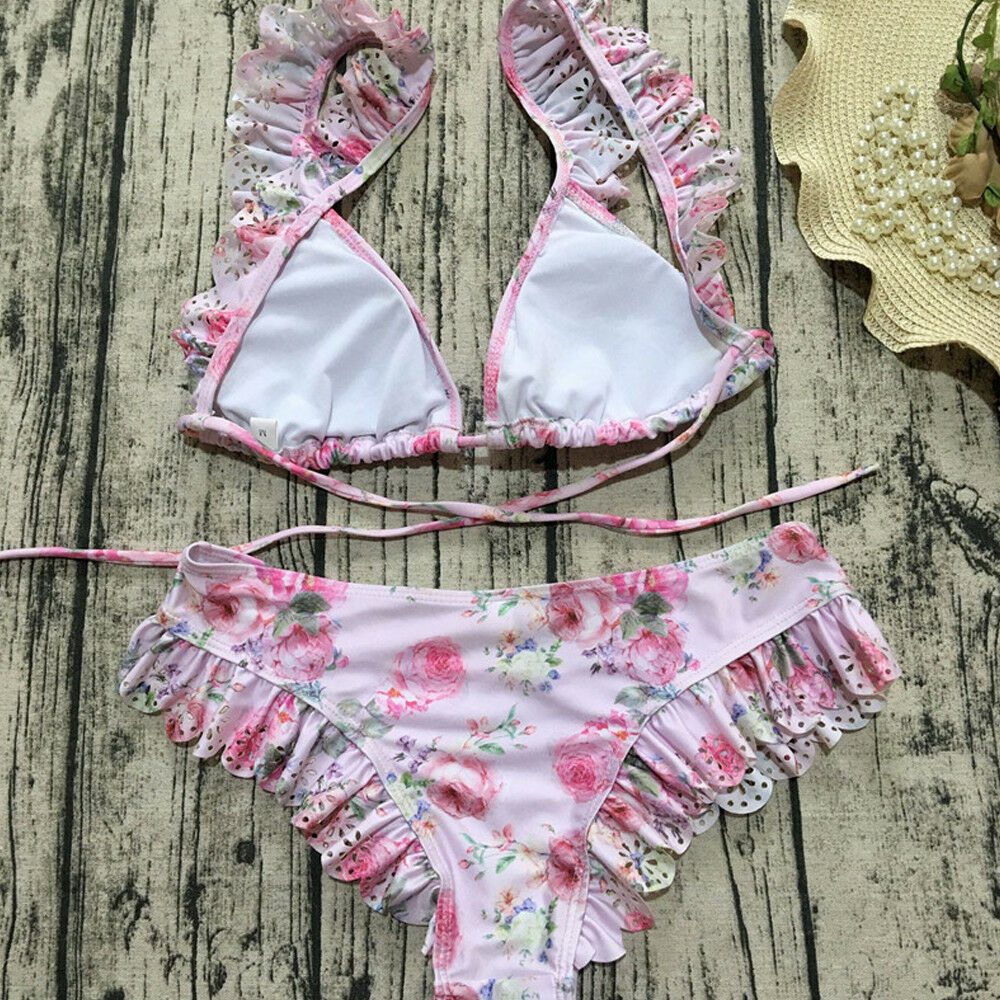 Voguable  Sexy Flower Print 2 Pcs Bikini Sets Women Push-up Padded Bra Bandage Ruffles Bikini Set Swimsuit Triangle Swimwear Bathing Suits voguable