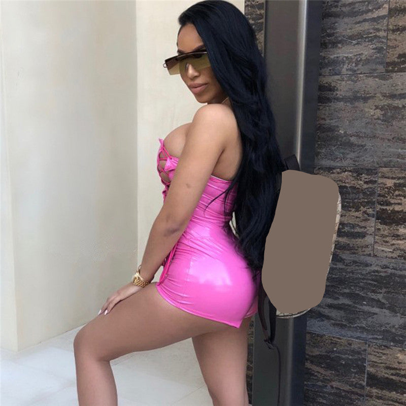 Voguable Sexy PU Leather Lace Up Strapless Bodycon Playsuits Women Summer Streetwear Night Party Club Tube Jumpsuit Pink Black Romper voguable