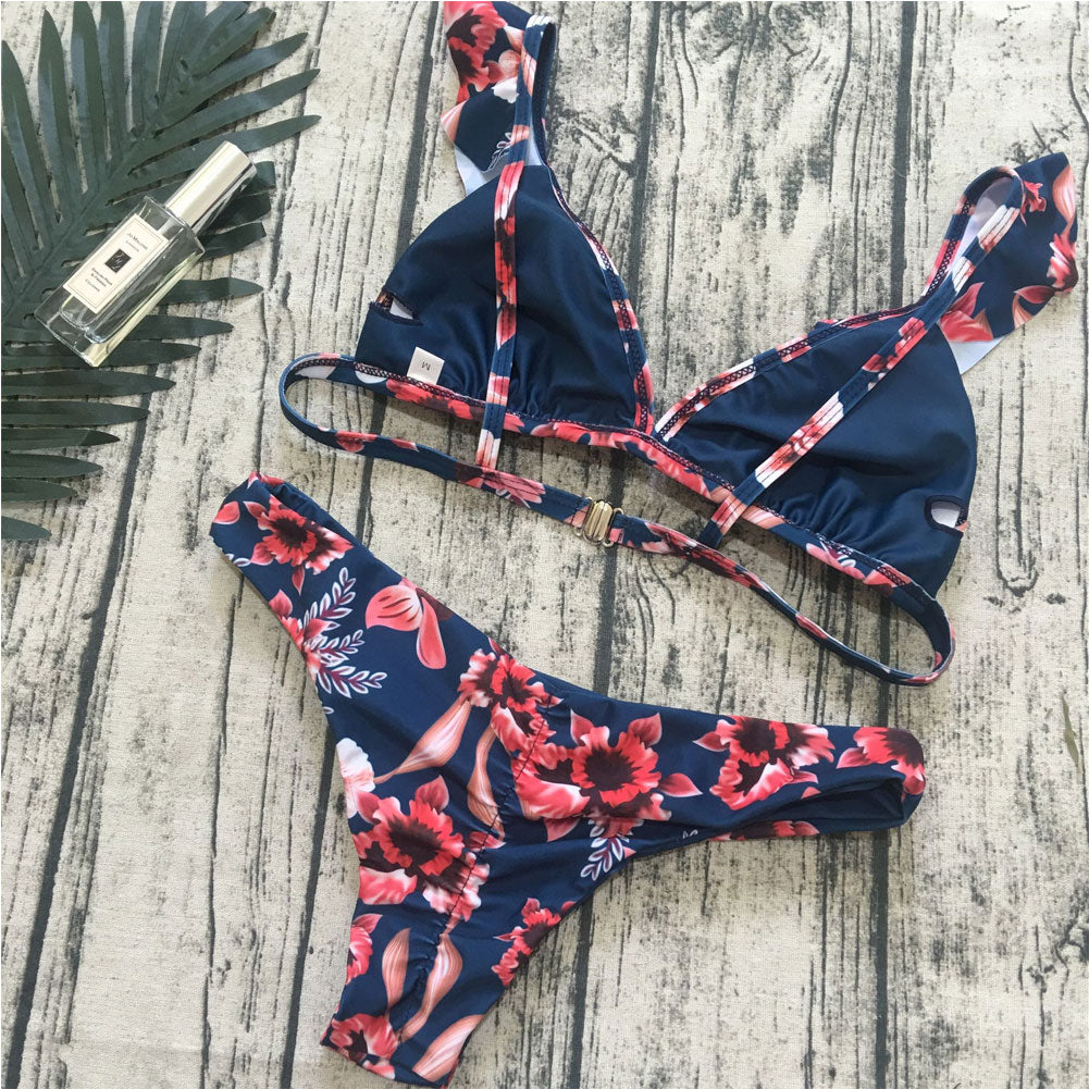Voguable  Sexy Flower Print 2 Pcs Bikini Sets Women Push-up Padded Bra Bandage Ruffles Bikini Set Swimsuit Triangle Swimwear Bathing Suits voguable
