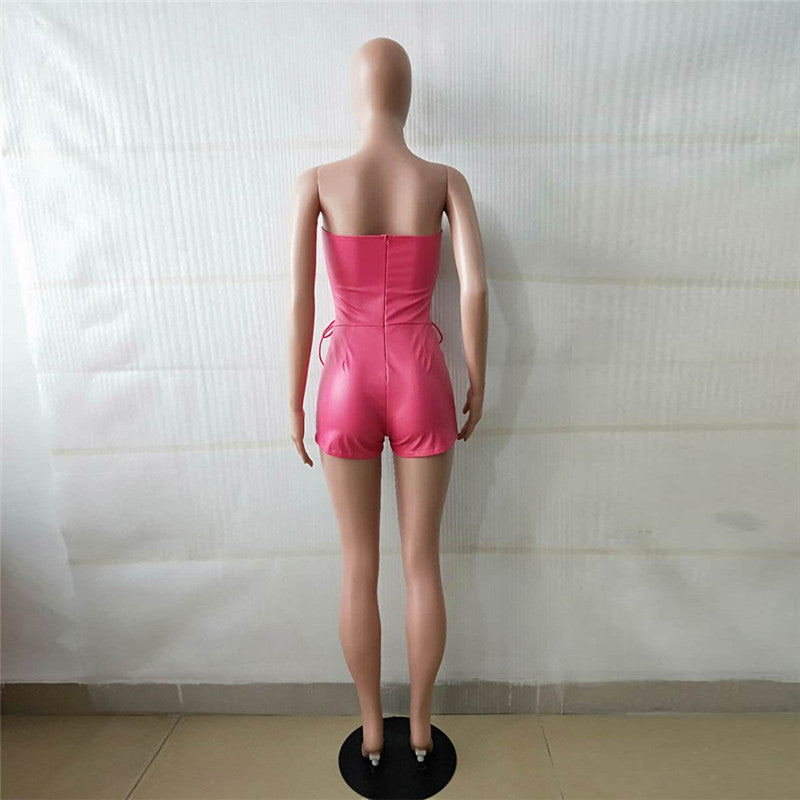 Voguable Sexy PU Leather Lace Up Strapless Bodycon Playsuits Women Summer Streetwear Night Party Club Tube Jumpsuit Pink Black Romper voguable