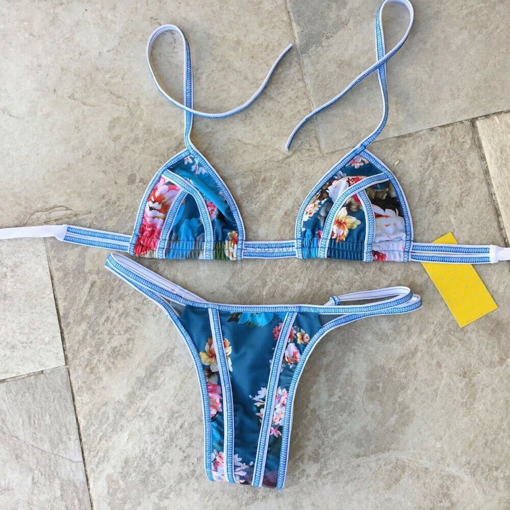 Voguable  Sexy Flower Print 2 Pcs Bikini Sets Women Push-up Padded Bra Bandage Ruffles Bikini Set Swimsuit Triangle Swimwear Bathing Suits voguable