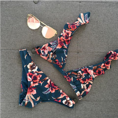 Voguable  Sexy Flower Print 2 Pcs Bikini Sets Women Push-up Padded Bra Bandage Ruffles Bikini Set Swimsuit Triangle Swimwear Bathing Suits voguable