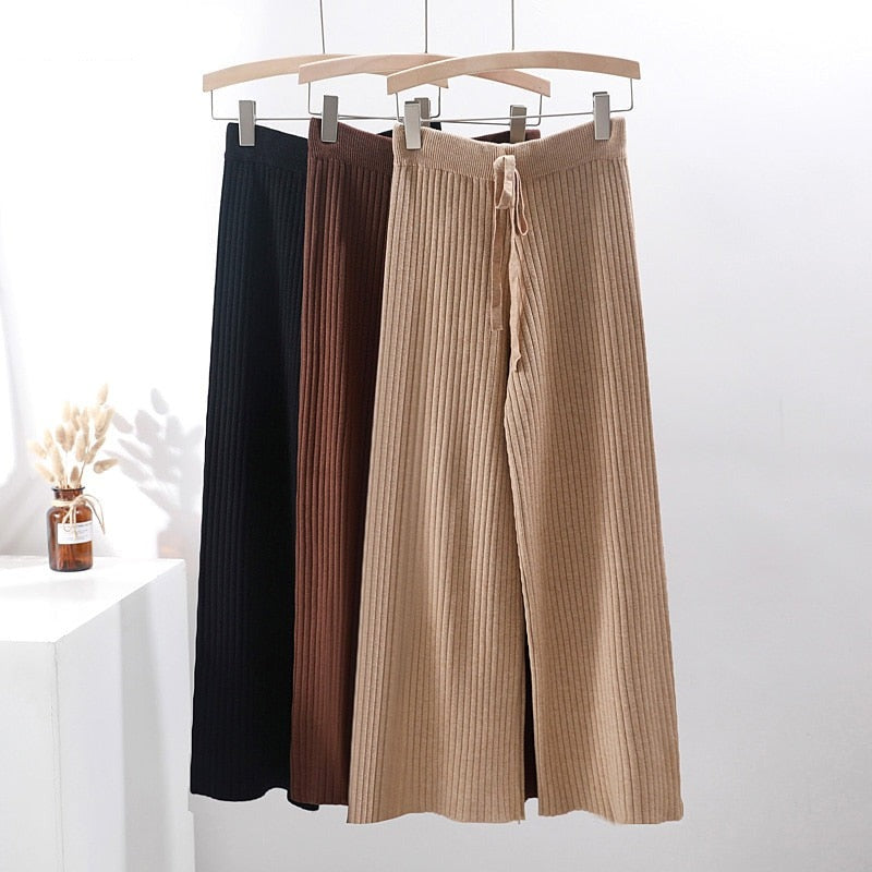 2022 new casual straight pants  women female drawstring loose high waist knitted wide leg pants casual Trousers voguable