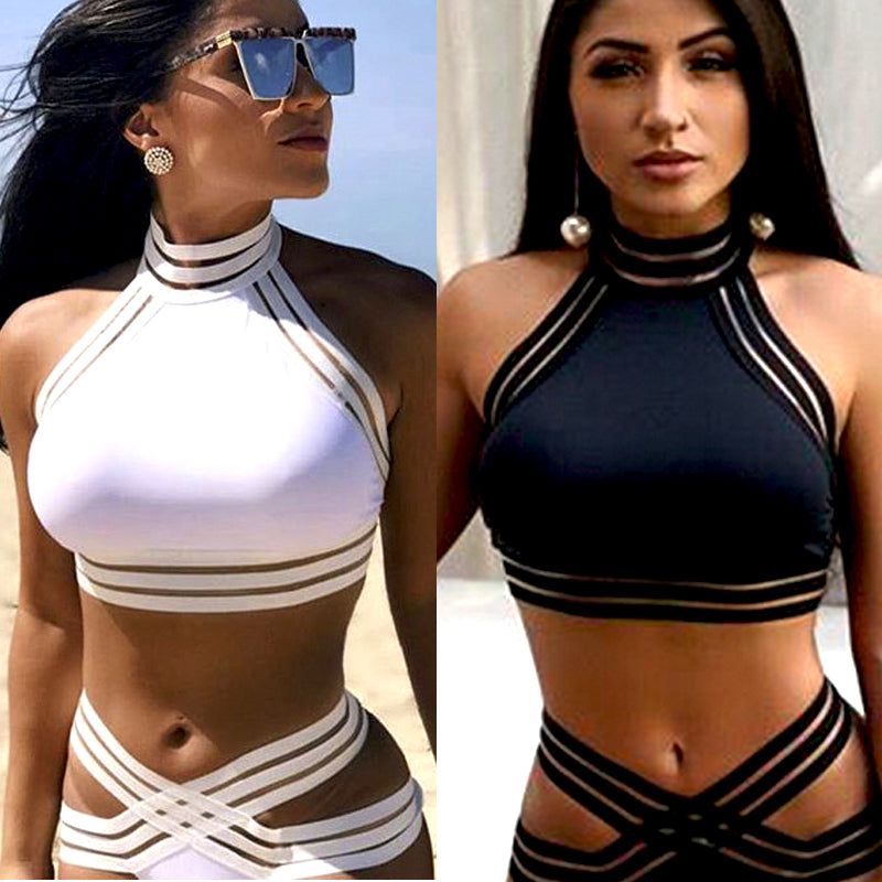 Voguable  Sexy Mesh Bikini Sets Women Push-up Padded Bra Halter High Waist Bikini Set Swimsuit Swimwear Summer Bathingsuit Suit Beachwear voguable