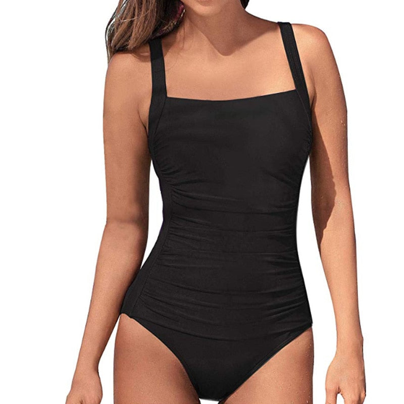 2022 One Piece Swimsuit Women Tummy Control Swimwear Plus Size Bathing Suit Ruched Monokini Vintage Solid Summer Beachwear 2XL voguable