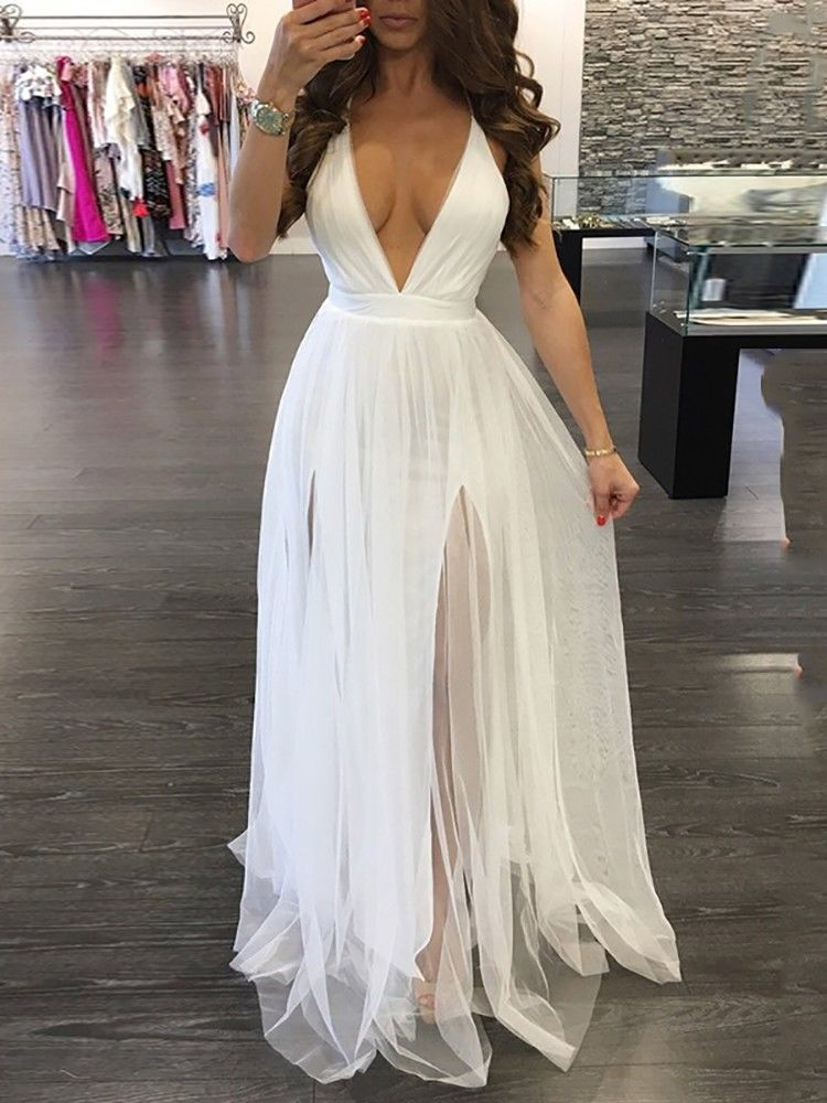Voguable  New Sexy Hot Sale deep V-neck Women Summer Long sexy Evening Party tulle Dress Beach Dresses Sundress Long Dress Beach Dress voguable