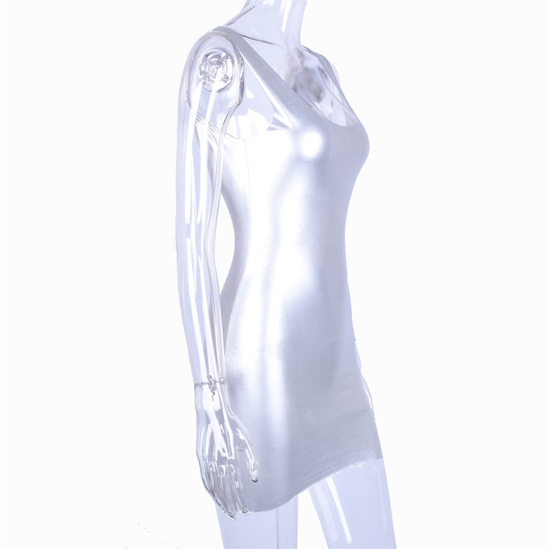 Voguable  spaghetti straps silver reflective sexy bodycon mini dress2022summer women party club streetwear sleeveless clothes voguable