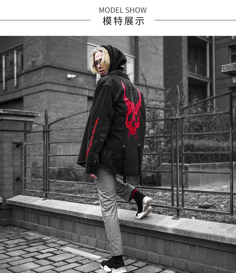 Voguable Harajuku Gothic Demon Hunter Skull denim jacket men Rock punk heavy metal Sweatshirt sudadera suspenders hole streetwear voguable