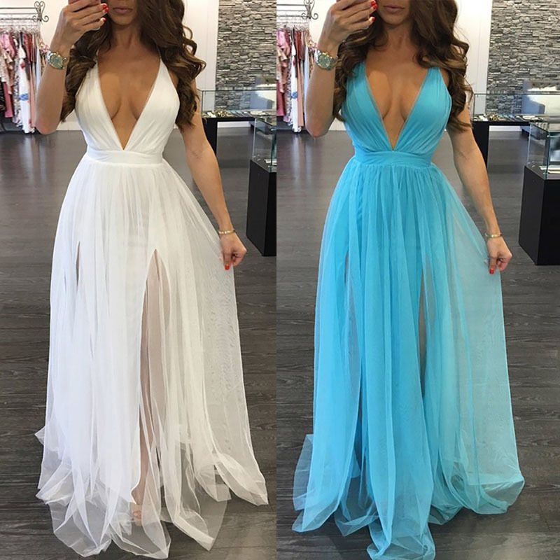 Voguable  New Sexy Hot Sale deep V-neck Women Summer Long sexy Evening Party tulle Dress Beach Dresses Sundress Long Dress Beach Dress voguable