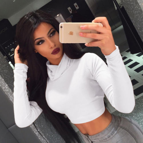 Women Turtleneck Slim Crop Tops Spring Autumn Solid Black White Blue Casual Tops Female Ladies Sexy T Shirt Clothes New voguable
