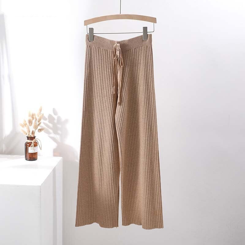 2022 new casual straight pants  women female drawstring loose high waist knitted wide leg pants casual Trousers voguable