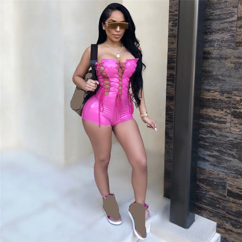 Voguable Sexy PU Leather Lace Up Strapless Bodycon Playsuits Women Summer Streetwear Night Party Club Tube Jumpsuit Pink Black Romper voguable