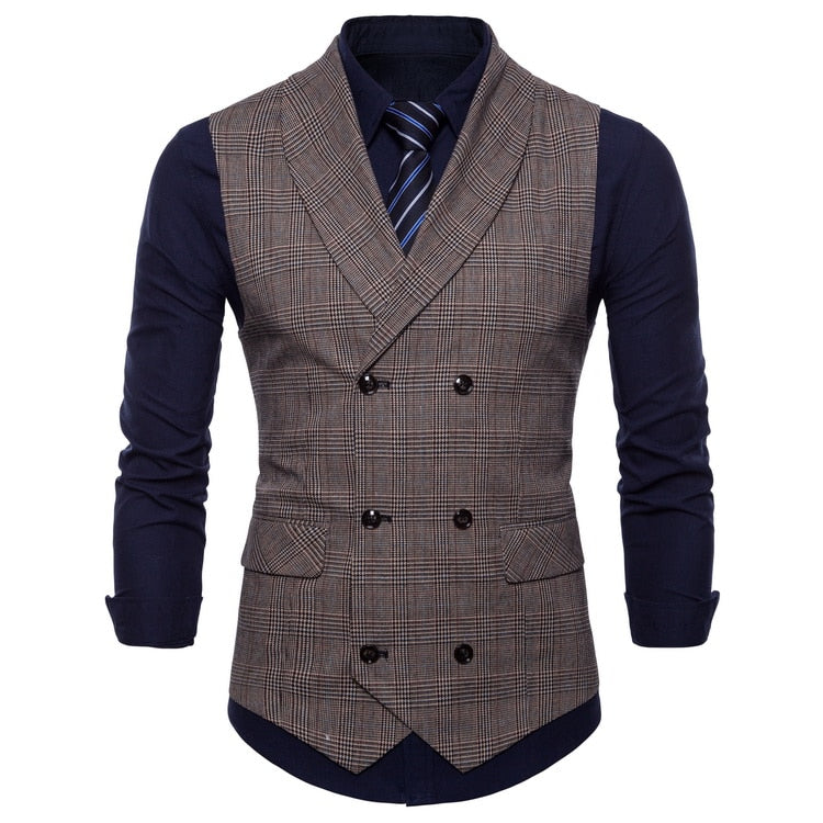 Voguable New Brand Classic Plaid Suit Vest Men Slim Fit Double Breasted Vest Waistcoat Mens Business Wedding Tuxedo Vest Gilet Homme voguable